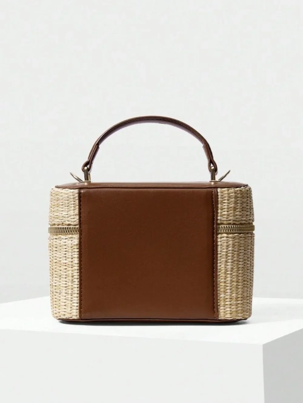 Tan Woven Straw Box Bag with Brown Trim Top Handle